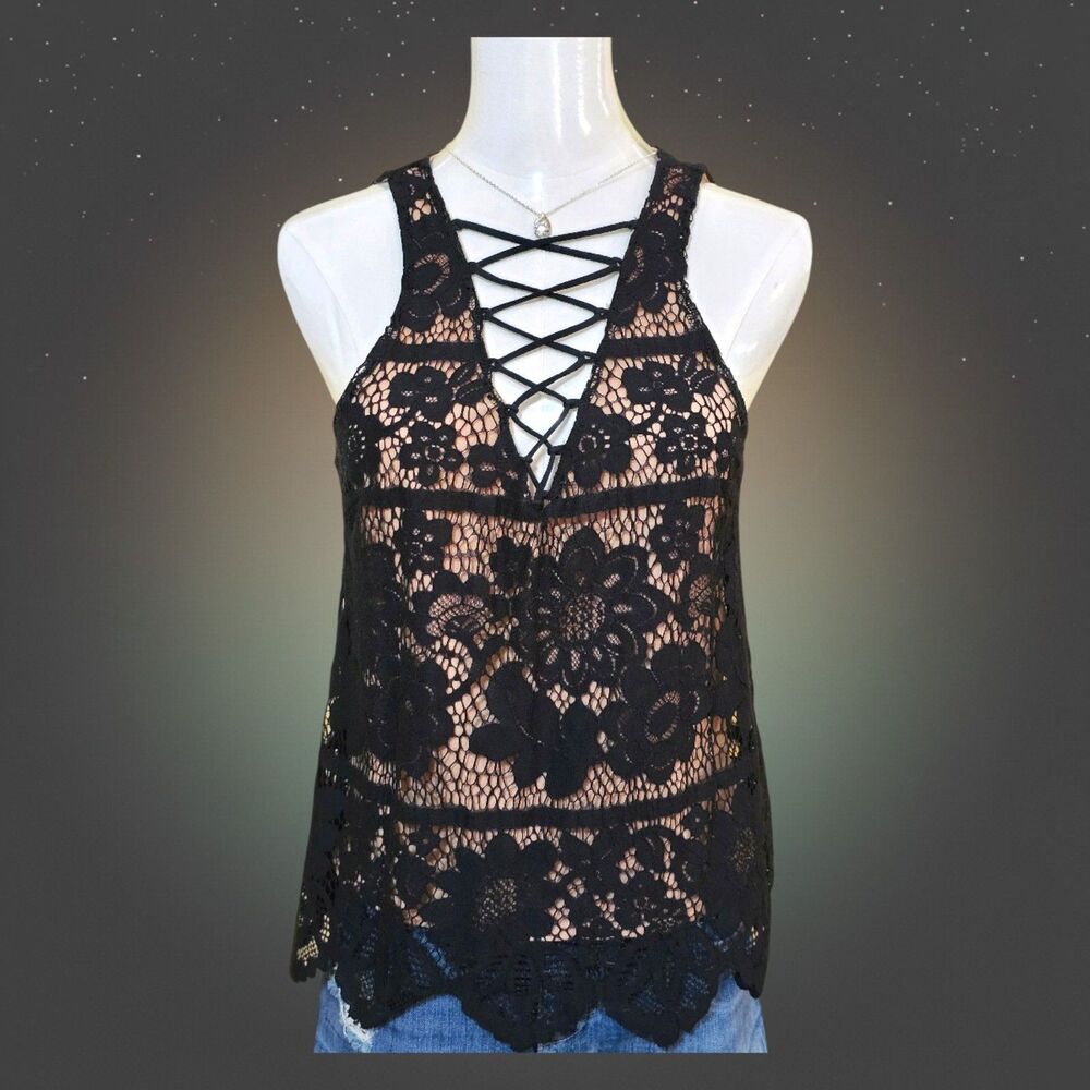 Express Black Floral Lace Up Tank Top Small Whimsy Goth Boho‎ Romantic